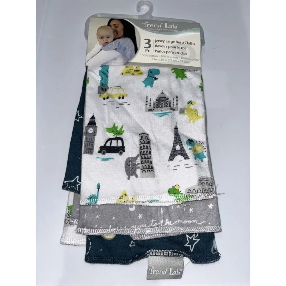 NWT Trend Lab Jersey Burp Cloth Set, Baby Traveler, (Pack of 3)